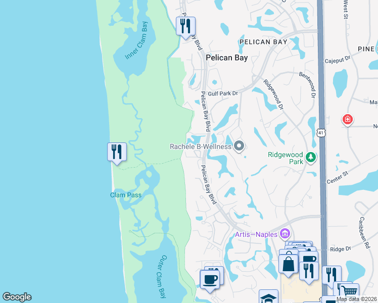 map of restaurants, bars, coffee shops, grocery stores, and more near 6131 Pelican Bay Boulevard in Naples