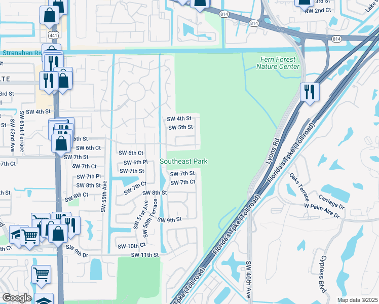 map of restaurants, bars, coffee shops, grocery stores, and more near 655 Southwest 50th Avenue in Margate