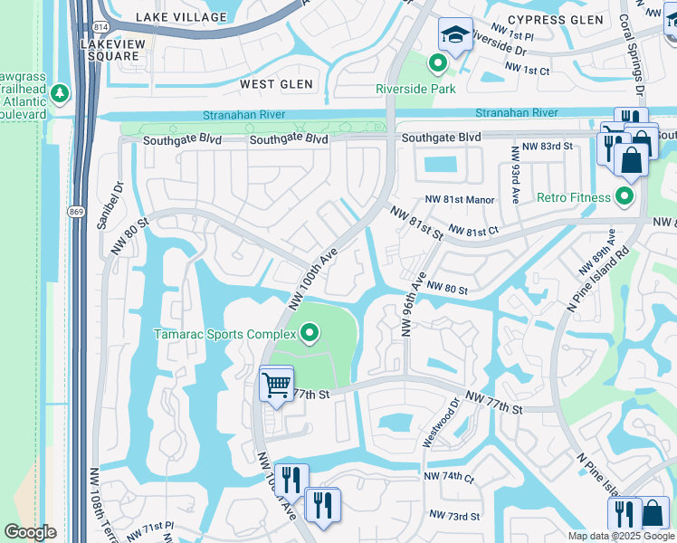 map of restaurants, bars, coffee shops, grocery stores, and more near 8000 North Nob Hill Road in Tamarac