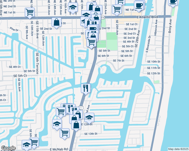 map of restaurants, bars, coffee shops, grocery stores, and more near 740 U.S. 1 in Pompano Beach