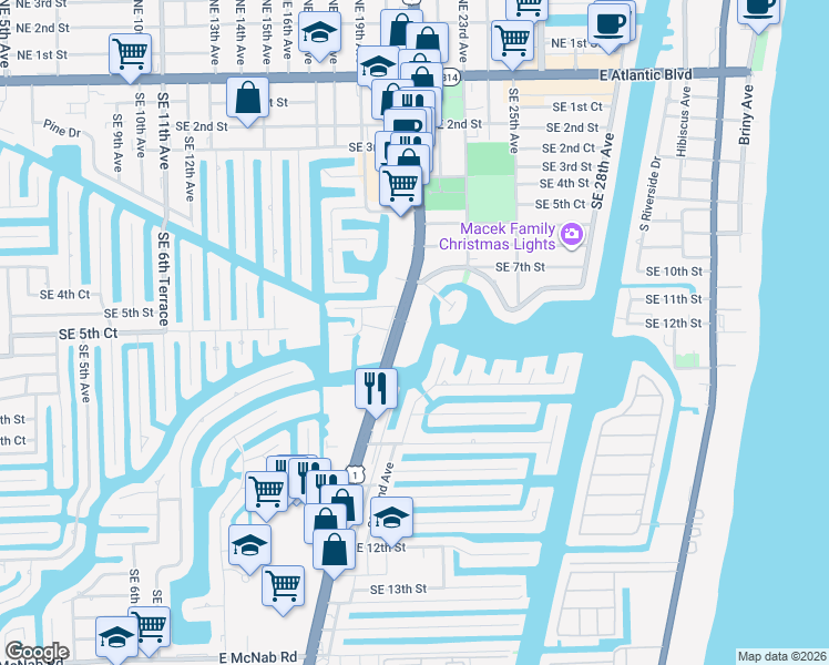 map of restaurants, bars, coffee shops, grocery stores, and more near 740 Federal Highway in Pompano Beach