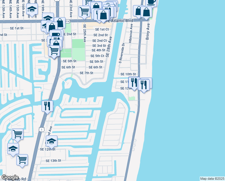 map of restaurants, bars, coffee shops, grocery stores, and more near 1201 South Riverside Drive in Pompano Beach