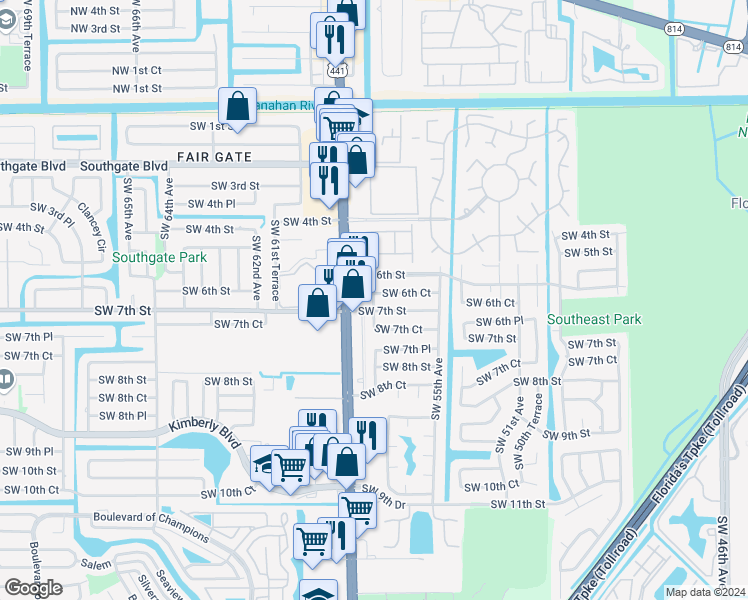 map of restaurants, bars, coffee shops, grocery stores, and more near 631 Southwest 56th Avenue in Margate