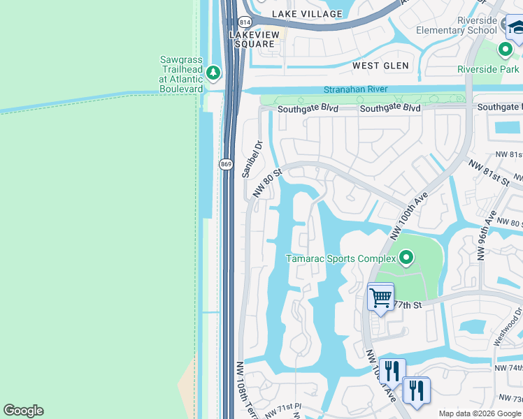 map of restaurants, bars, coffee shops, grocery stores, and more near 7715 Trent Drive in Tamarac
