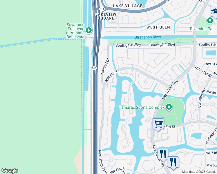 map of restaurants, bars, coffee shops, grocery stores, and more near 7715 Trent Drive in Tamarac