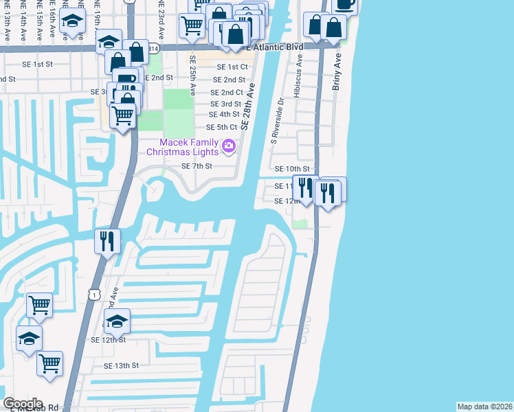 map of restaurants, bars, coffee shops, grocery stores, and more near 1201 South Riverside Drive in Pompano Beach