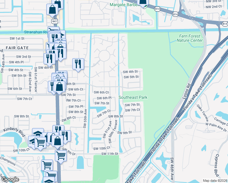 map of restaurants, bars, coffee shops, grocery stores, and more near 621 Southwest 50th Terrace in Margate