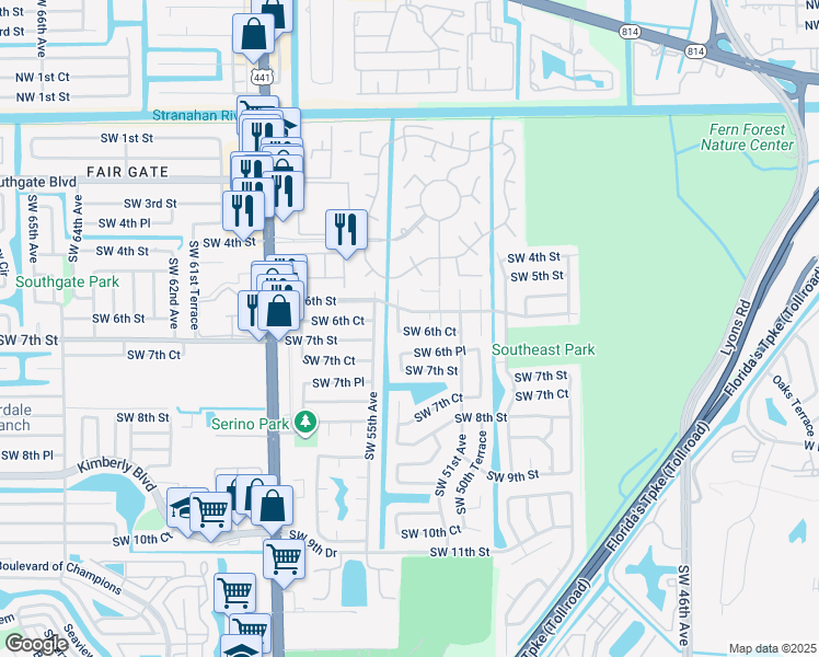 map of restaurants, bars, coffee shops, grocery stores, and more near 5181 Southwest 6th Court in Margate