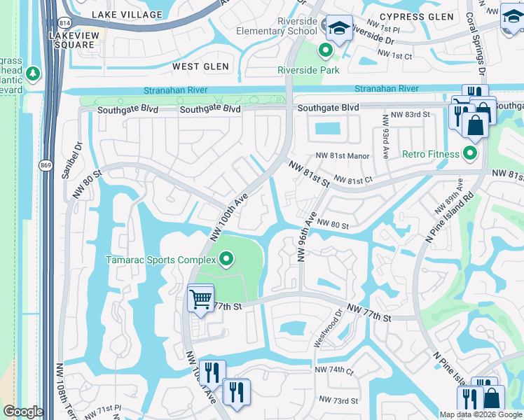 map of restaurants, bars, coffee shops, grocery stores, and more near 8050 North Nob Hill Road in Tamarac