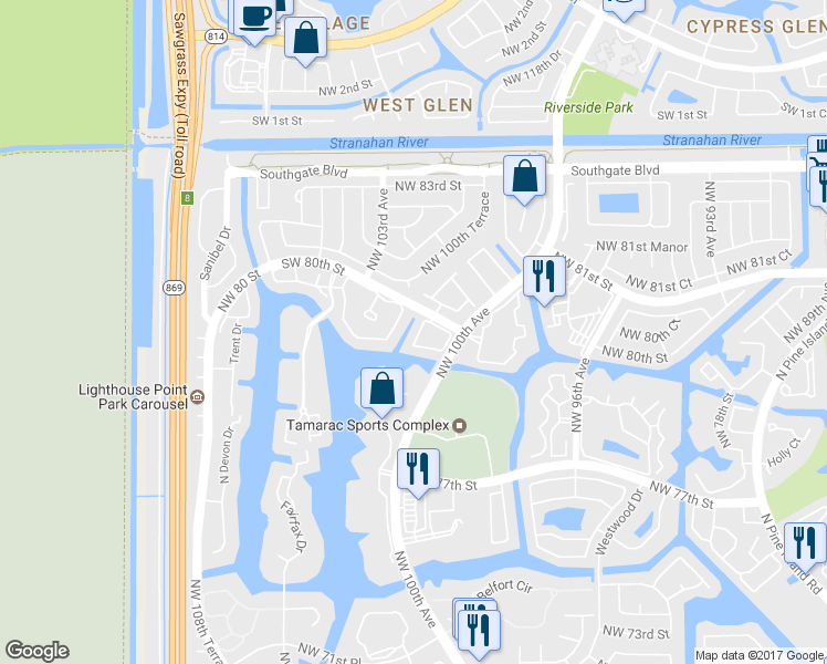 map of restaurants, bars, coffee shops, grocery stores, and more near 7919 Catalina Circle in Tamarac