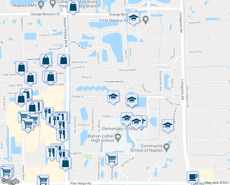 map of restaurants, bars, coffee shops, grocery stores, and more near 2710 Fountainview Circle in Naples