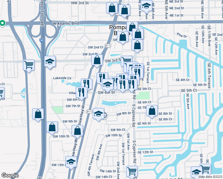 map of restaurants, bars, coffee shops, grocery stores, and more near 251 Southwest 6th Street in Pompano Beach
