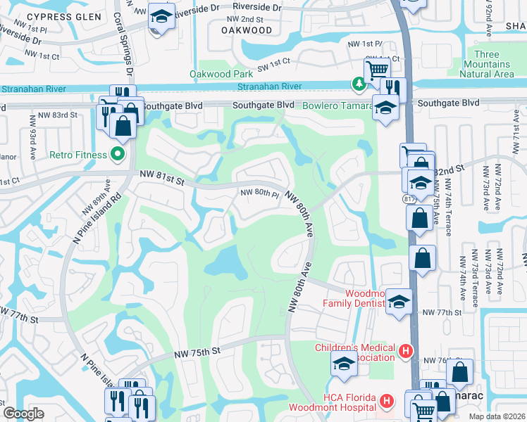 map of restaurants, bars, coffee shops, grocery stores, and more near 8319 Northwest 80th Street in Tamarac