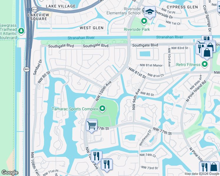 map of restaurants, bars, coffee shops, grocery stores, and more near 8000 North Nob Hill Road in Tamarac
