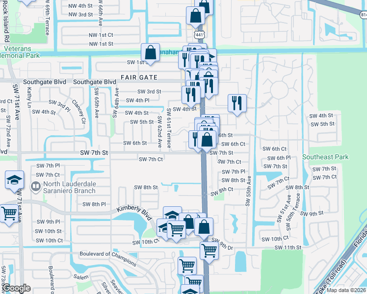 map of restaurants, bars, coffee shops, grocery stores, and more near 607 Florida 7 in Margate