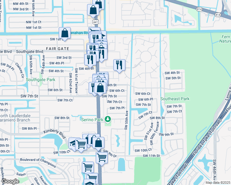 map of restaurants, bars, coffee shops, grocery stores, and more near 5542 Southwest 6th Court in Margate