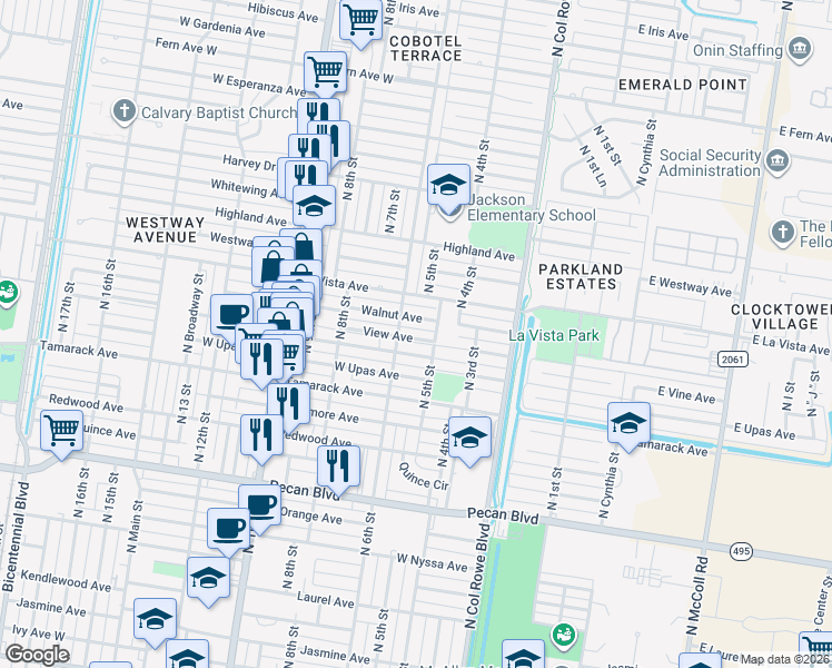 map of restaurants, bars, coffee shops, grocery stores, and more near 512 V-W Avenue in McAllen