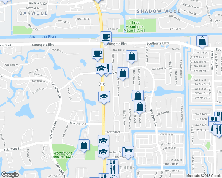 map of restaurants, bars, coffee shops, grocery stores, and more near 8017 Northwest 75th Avenue in Tamarac