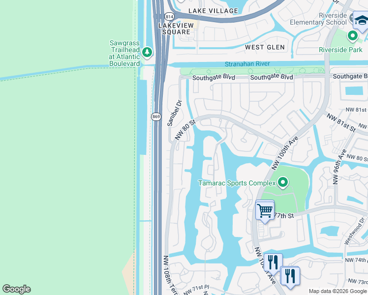 map of restaurants, bars, coffee shops, grocery stores, and more near 7782 Trent Drive in Tamarac