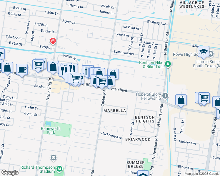 map of restaurants, bars, coffee shops, grocery stores, and more near 5124 Pecan Boulevard in McAllen