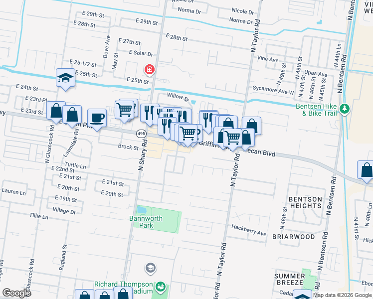 map of restaurants, bars, coffee shops, grocery stores, and more near 2532 East Griffin Parkway in Mission