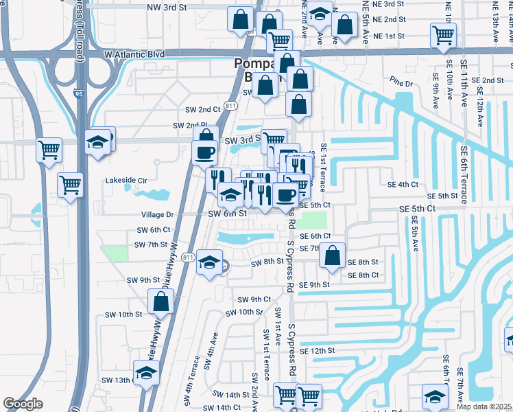 map of restaurants, bars, coffee shops, grocery stores, and more near 135 Southwest 6th Street in Pompano Beach
