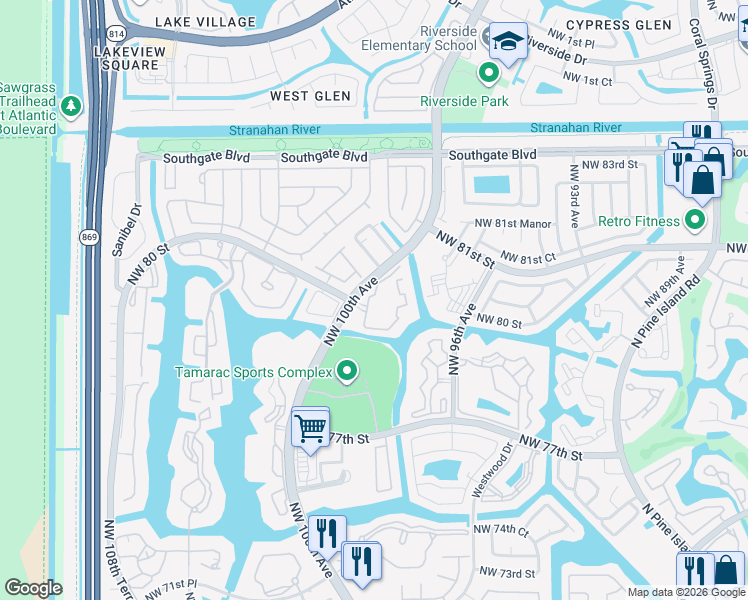 map of restaurants, bars, coffee shops, grocery stores, and more near 8000 North Nob Hill Road in Tamarac