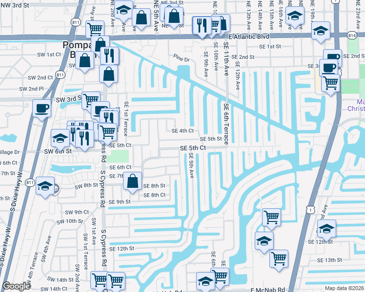 map of restaurants, bars, coffee shops, grocery stores, and more near 421 Southeast 5th Court in Pompano Beach