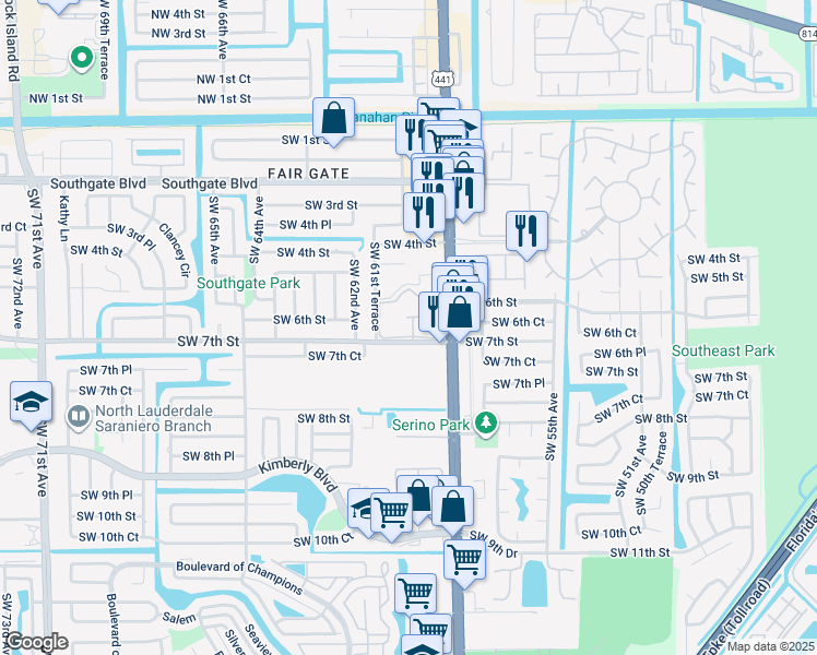 map of restaurants, bars, coffee shops, grocery stores, and more near 607 Florida 7 in Margate