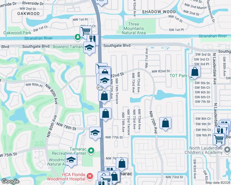 map of restaurants, bars, coffee shops, grocery stores, and more near 7400 Northwest 81st Street in Tamarac