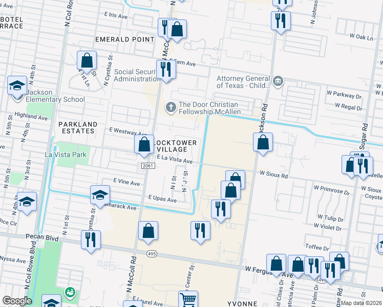 map of restaurants, bars, coffee shops, grocery stores, and more near 2405 North J Street in McAllen
