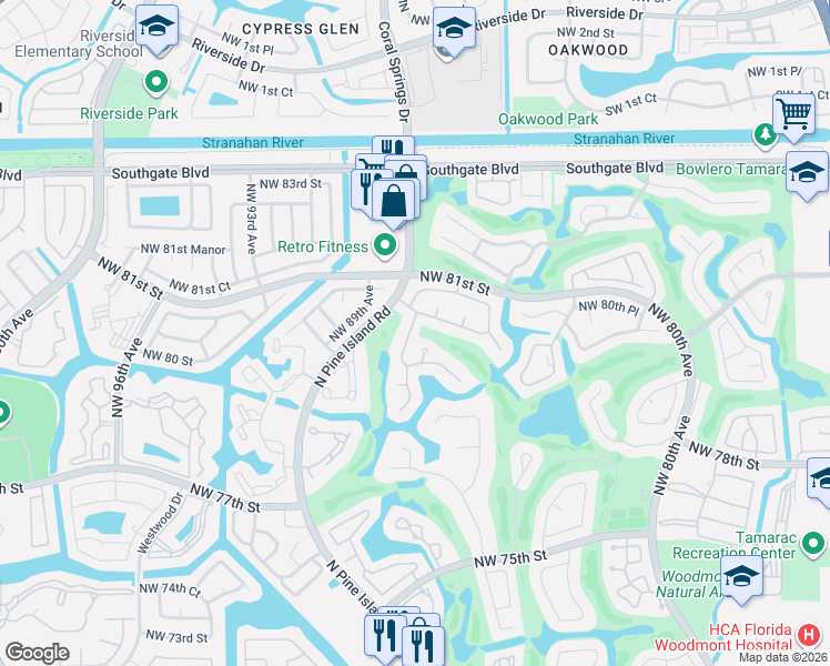 map of restaurants, bars, coffee shops, grocery stores, and more near 7800 Northwest 87th Avenue in Tamarac