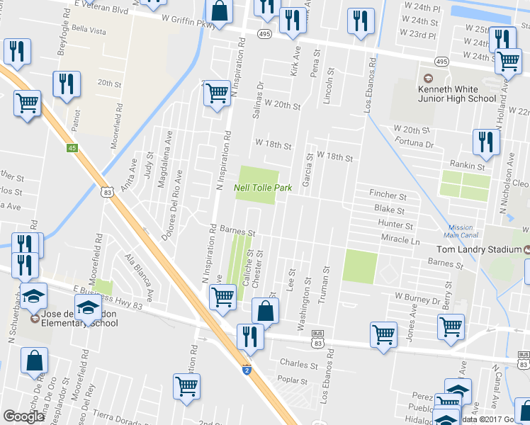 map of restaurants, bars, coffee shops, grocery stores, and more near 1406 East Ray Circle in Mission