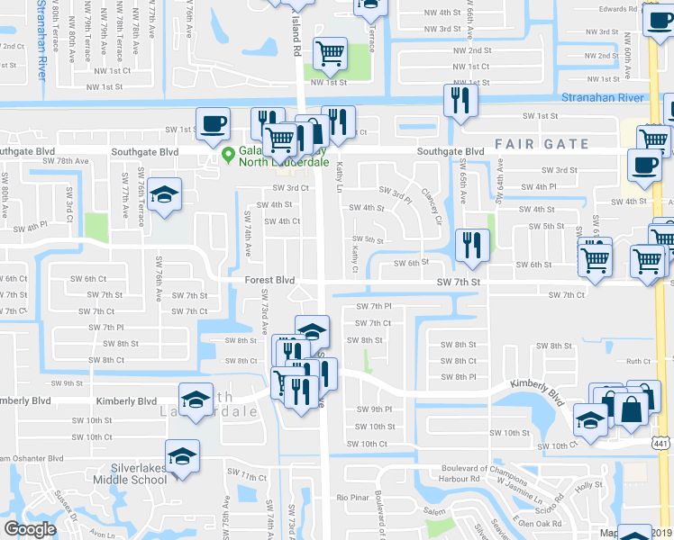 map of restaurants, bars, coffee shops, grocery stores, and more near 671 Kathy Lane in Margate