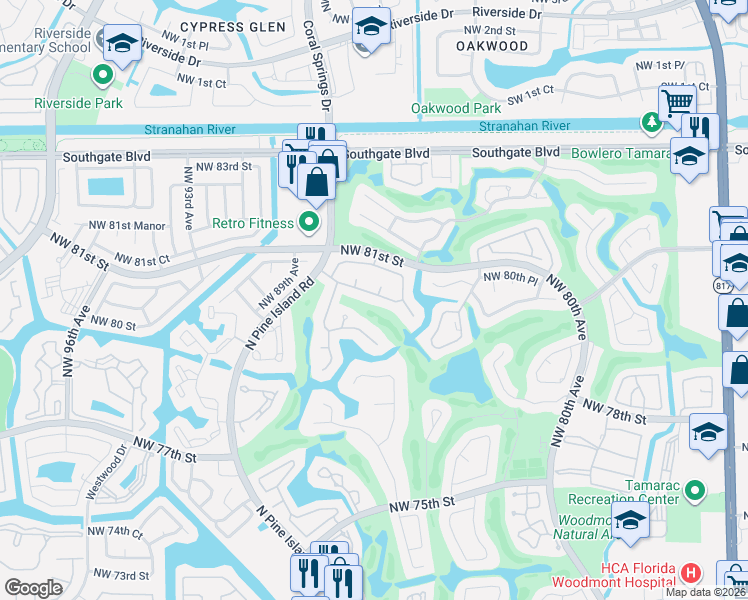 map of restaurants, bars, coffee shops, grocery stores, and more near 8540 Northwest 79th Street in Tamarac