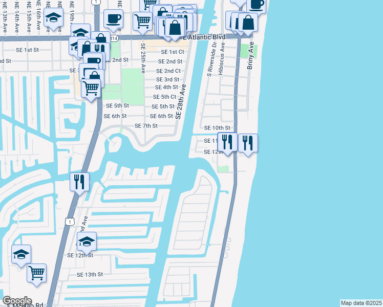 map of restaurants, bars, coffee shops, grocery stores, and more near 1201 South Riverside Drive in Pompano Beach
