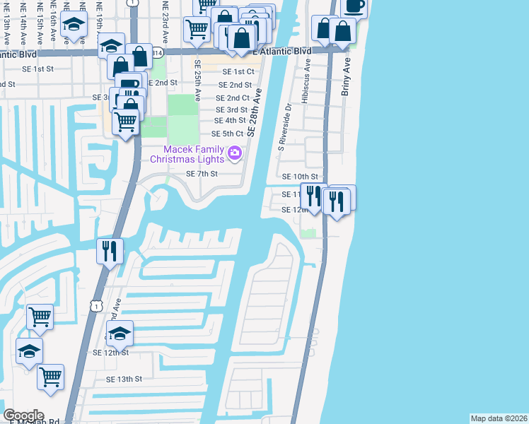 map of restaurants, bars, coffee shops, grocery stores, and more near 1201 South Riverside Drive in Pompano Beach