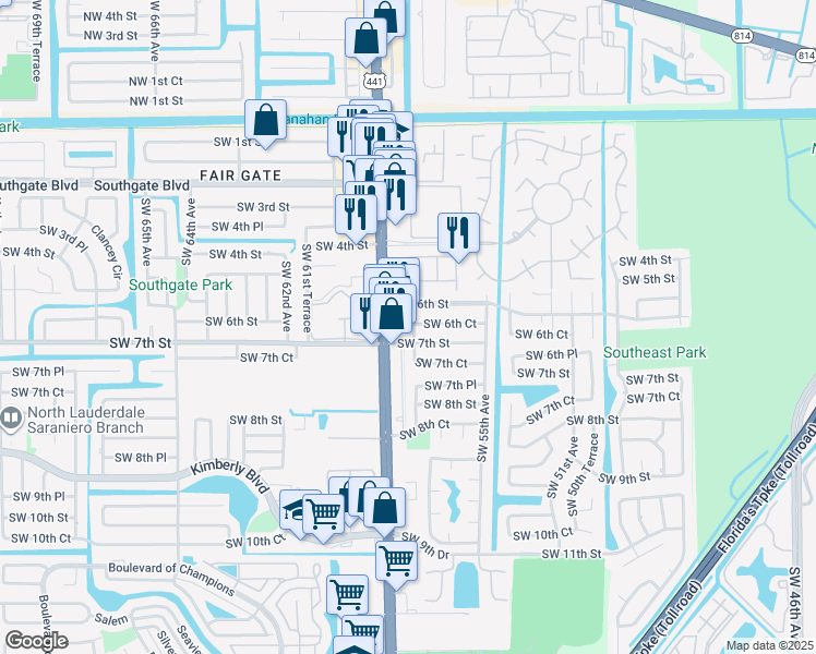 map of restaurants, bars, coffee shops, grocery stores, and more near 631 Southwest 56th Avenue in Margate
