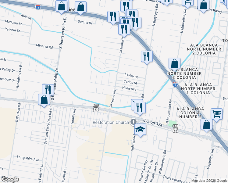 map of restaurants, bars, coffee shops, grocery stores, and more near 954 South La Homa in Mission