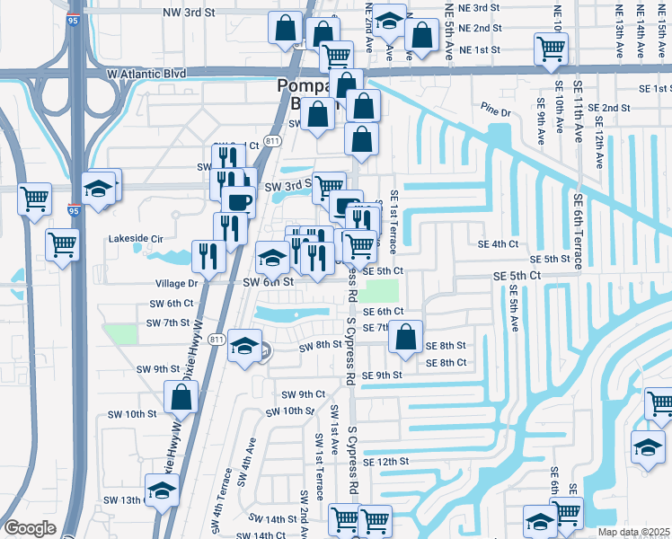 map of restaurants, bars, coffee shops, grocery stores, and more near 41 Southeast 6th Court in Pompano Beach