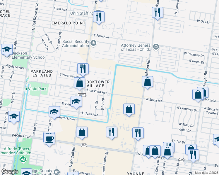 map of restaurants, bars, coffee shops, grocery stores, and more near 2412 North J Street in McAllen