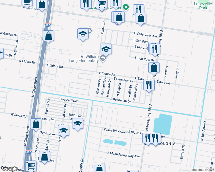 map of restaurants, bars, coffee shops, grocery stores, and more near 3503 North Bacardi Drive in Pharr