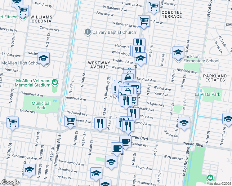 map of restaurants, bars, coffee shops, grocery stores, and more near 2110 North 12th Street in McAllen