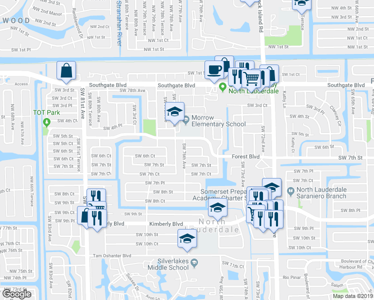 map of restaurants, bars, coffee shops, grocery stores, and more near 7520 Southwest 6th Street in North Lauderdale
