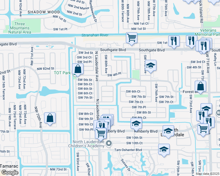 map of restaurants, bars, coffee shops, grocery stores, and more near 7956 Southwest 6th Street in North Lauderdale