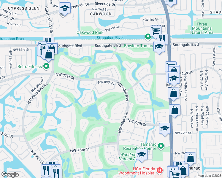 map of restaurants, bars, coffee shops, grocery stores, and more near 8319 Northwest 80th Street in Tamarac