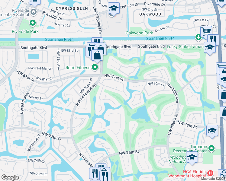map of restaurants, bars, coffee shops, grocery stores, and more near 8540 Northwest 79th Street in Tamarac