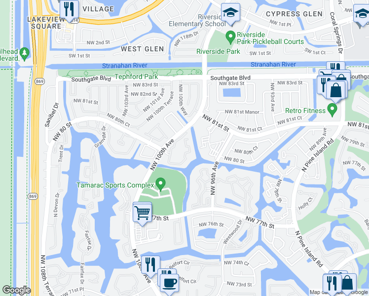map of restaurants, bars, coffee shops, grocery stores, and more near 8050 North Nob Hill Road in Tamarac