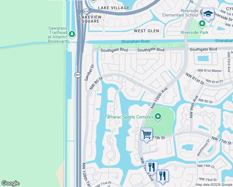 map of restaurants, bars, coffee shops, grocery stores, and more near 7759 Granville Drive in Tamarac
