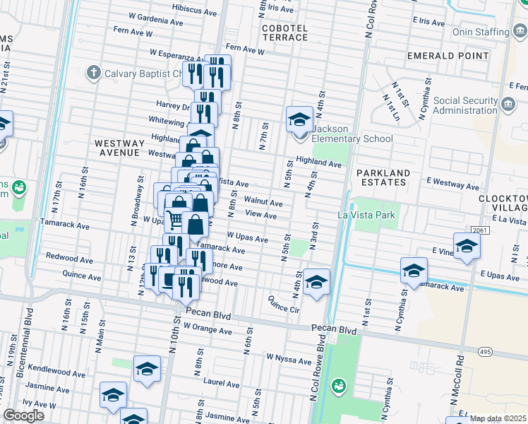 map of restaurants, bars, coffee shops, grocery stores, and more near 612 V-W Avenue in McAllen